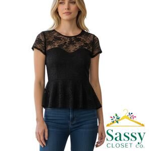 Forever 21 Black Lace Peplum Top Women’s Medium Short Sleeve Evening Blouse